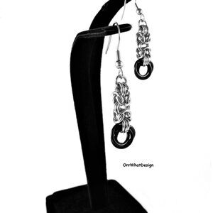 Silver Black Earrings Medieval Chainmail Byzantine Rose Handmade Unique Jewelry
